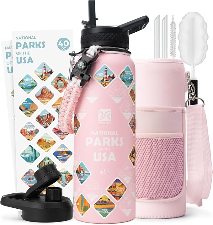 National Parks Water Bottle – 40 oz Insulated Stainless Steel Bottle with 63 Hand-Drawn Park Stickers, Carrier Bag, Strap & Gift Box – BPA-Free – Ideal for Hiking, Camping & Travel