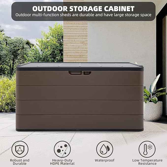 110 Gallon Pro Resin Deck Box, Waterproof Outdoor Storage Bin for Patio Furniture, Pool Accessories, and Garden Tools, Lockable & UV-Resistant, Brown