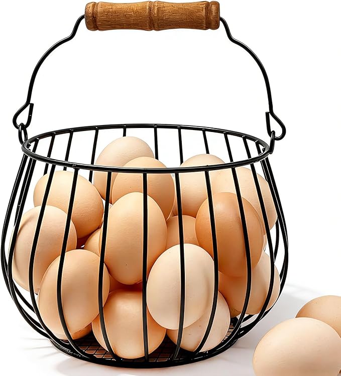 Farmhouse Egg Basket for Gathering Fresh Eggs - 24 Egg Capacity Wire Basket with Wood Handle, Chicken Coop to Kitchen Counter Organizer for Potatoes, Onions & More