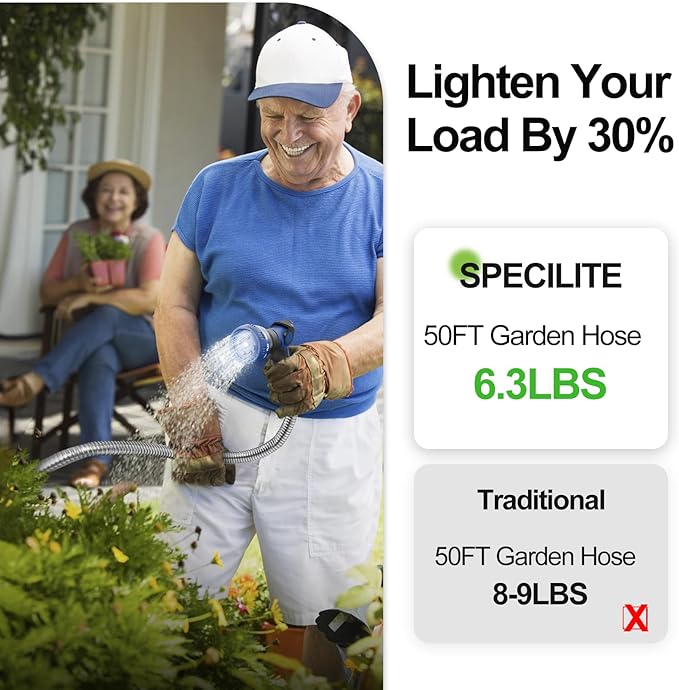 SPECILITE 50ft 304 Stainless Steel Garden Hose Metal, Heavy Duty Water Pipe with Nozzles for Yard, Outdoor - Flexible, Never Kink & Tangle, Puncture Resistant (Sliver)