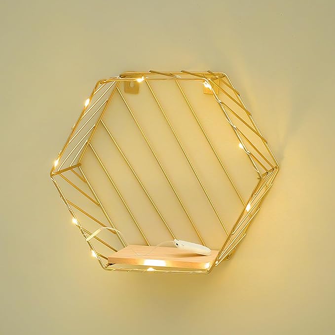 Wall-Mounted Iron Storage Rack Punch-Free Decorative Hexagon Shelf Gold Finish with Hooks for Bathroom and Living Room Organization