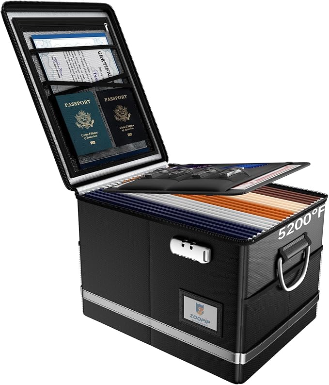 Fireproof Document Box,5200°F File Organizer Box with Lock,Foldable Filing Organizer Cabinet, Portable Safe Storage for Hanging Letter/Legal Folder,Black
