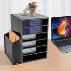 Literature Organizers With Side Storage cabinet, 6 Compartments Office Mailbox with Adjustable Shelves, PVC Board Literature Sorter for Office, Home, Classroom, Mailrooms Organization, Black