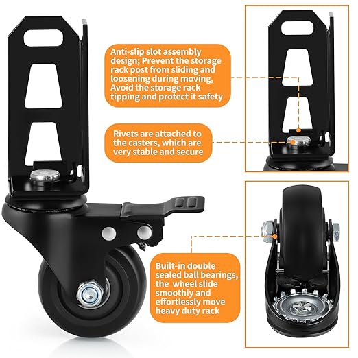 3" Storage Rack Caster Wheels, Storage Shelf Accessories Fit to Boltless Self Locking Shelving Racks, Total Load Capacity 1000 Lbs, 4 Pcs