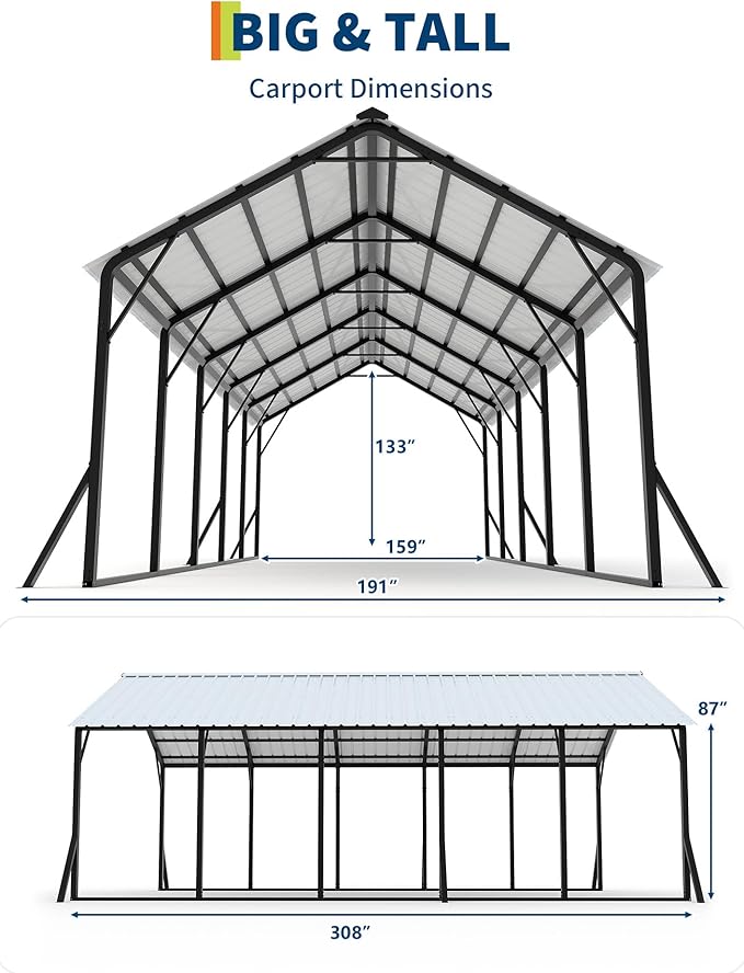 Garvee 13x26 ft Metal Carport Kit, 120° Steep-Pitch Vertical Roof for Snow Shedding, 133" High-Clearance RV & Boat Shelter, Heavy-Duty Long-Reach Car Port with Reinforced Frame