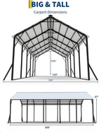 Garvee 13x26 ft Metal Carport Kit, 120° Steep-Pitch Vertical Roof for Snow Shedding, 133" High-Clearance RV & Boat Shelter, Heavy-Duty Long-Reach Car Port with Reinforced Frame