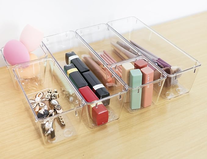 6 Pack Clear Drawer Organizer Set,Desk Drawer Storage Tray,Vanity Organizer Storage Bins Containers