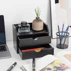 ROSE BLOOM Black Wood Desk Organizer with 2 Drawer, Mini Cute Cabinet with Storage Shelf for Tabletop, Small Desktop Box Organizer for Cosmetic Office Supplies