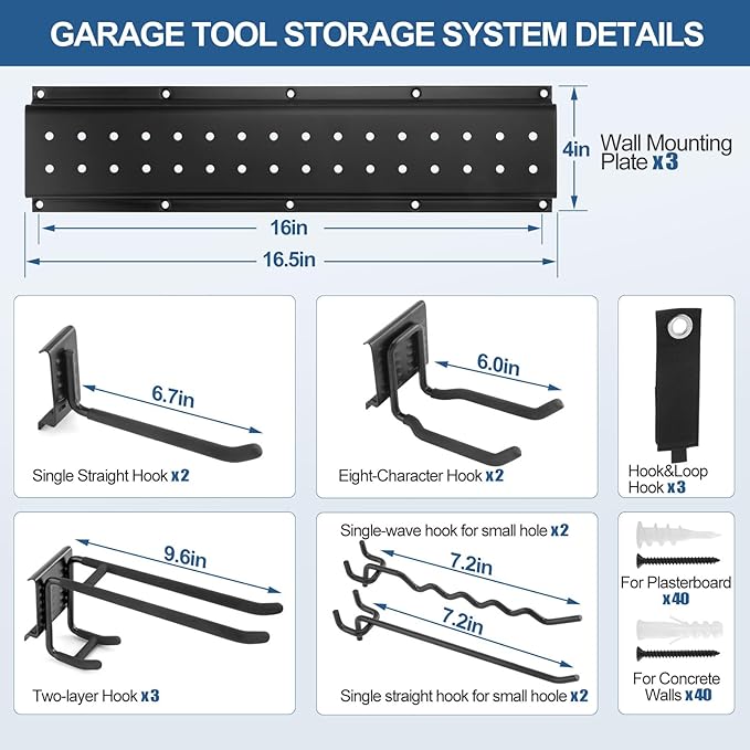 17Pack Garage Tool Organizer Wall Mount 49.5'', 520lbs Heavy Duty Garden Tool Organizer with 17 Adjustable Hooks, Yard Tool Hanger for Shovel Rake Broom Ladder, Easy Assembly Garage Wall