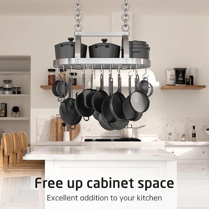 KES 34 Inch Heavy Duty Chrome Hanging Pot Rack Ceiling Mount, Oval Pot and Pan Hanging Rack, Pan Hanger for Kitchen Storage Organizer with 20 S Hooks (For 16" and 24" Ceiling Joist), KUR221S85-CH