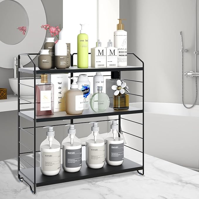 Bathroom Countertop Organizer, 3-Tier Bathroom Counter Organizer, 8-Levels Height Adjustable, Bathroom Organizer for Kitchen, Pantry, Livingroom, Offices Storage, Metal Black