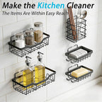 Adhesive Shower Caddy, 5-Pack Rustproof Stainless Steel Bathroom Organizer with 28 Hooks, No-Drill Large Capacity Shower Shelves for Bathroom Storage & Home Décor, Black