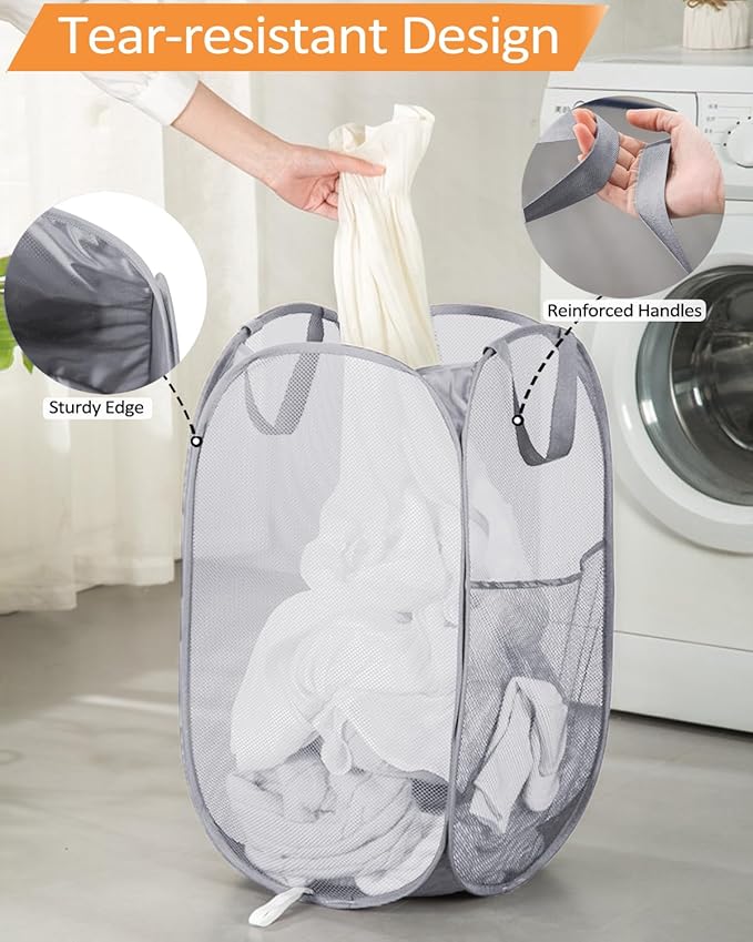 Durable Collapsible Laundry Baskets, Foldable Laundry Hamper with Side Pocket, Tear-resistant Clothes Hampers for Bathroom, Laundry, Kids Room, Dorm or Travel Grey