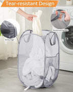 Durable Collapsible Laundry Baskets, Foldable Laundry Hamper with Side Pocket, Tear-resistant Clothes Hampers for Bathroom, Laundry, Kids Room, Dorm or Travel Grey