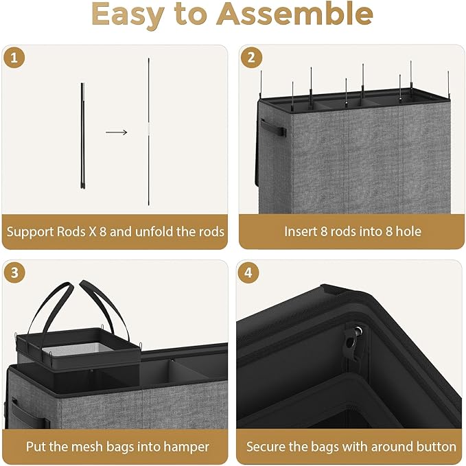 180L Laundry Hamper 3 Section, Large Laundry Hamper with Lid, Dirty Clothes Hampers with Handles, Laundry Basket Organizer for Laundry, Bedroom, Bathroom, Laundry Sorter Baskets, Grey