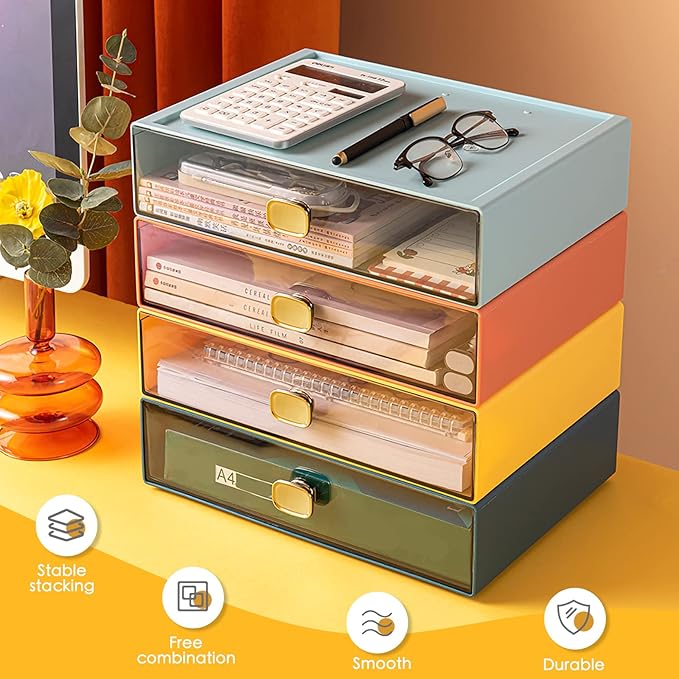 Large Desk Drawer Organizer 13"x9"x3.3" Stackable Desktop Storage Organizer for Copy Paper Clear Home Office Organizer Box Drawer Container for Stationery, Bathroom (Orange, L-1 Drawer)
