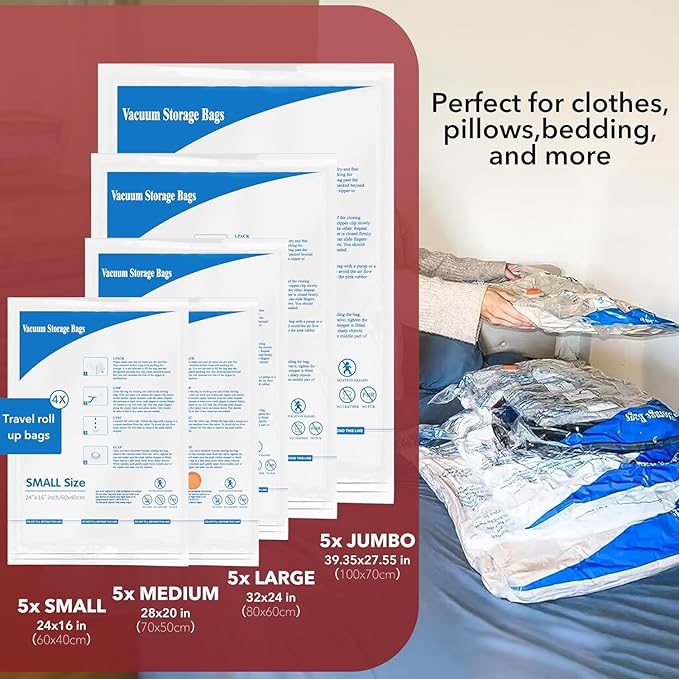 MEIQIHOME Vacuum Storage Bags, Space Saver Sealer Bags,Vacuum seal bags for clothing, Pillows, Comforters, Blankets, Bedding,36 Pack Vacuum Storage Bags with Electric Pump