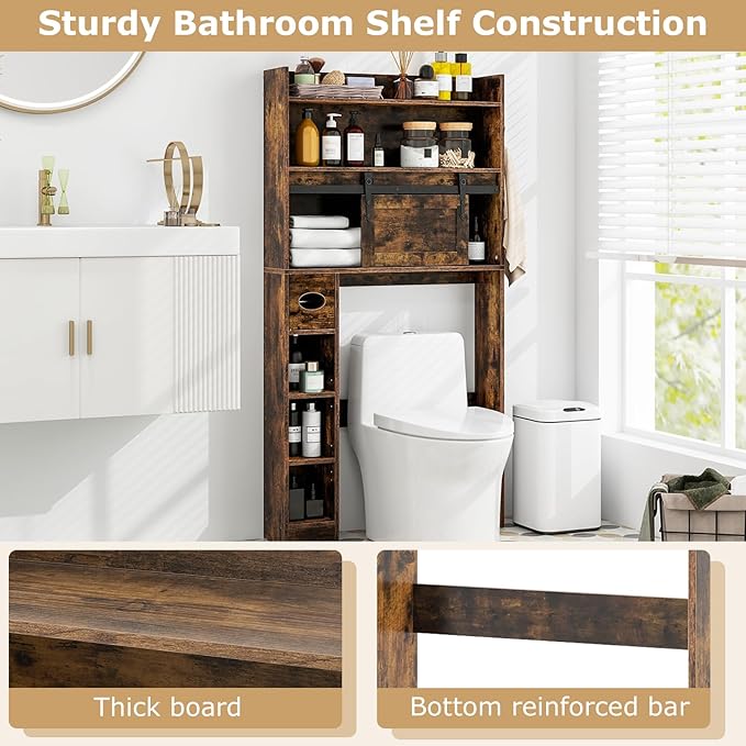 Giantex Over The Toilet Storage Cabinet, Farmhouse Space Saver with Sliding Door, Toilet Paper Holder, Side Hooks & Adjustable Shelves, Over Toilet Bathroom Organizer for Laundry, Restroom (Brown)