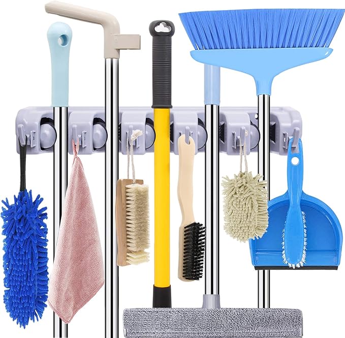 Broom Hanger Wall Mount Broom and Mop Organizer Wall Hanging Garden Tool Organizers Rack Garage Laundry Room Organizations and Storage with Hooks Heavy Duty