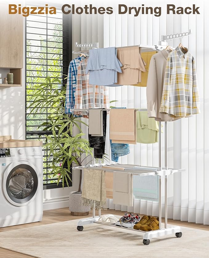 Bigzzia 4 Tier Folding Drying Rack Clothing Clothes Horses Rack Stainless Steel Laundry Drying Rack (Grey White, 4 Tier)