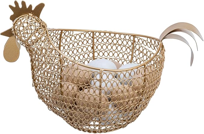MyGift Vintage Brass Tone Metal Wire Fresh Egg Gathering Basket in Decorative Chicken Shaped Design, Farmhouse Easter Decor Egg Display Storage Basket for Counter