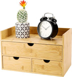 Bamboo Desk Organizer 3 Drawer with Shelf, Countertop Organizer with Drawers Makeup Storage Drawer 3 Drawers Tabletop Storage Organization Box Home Office Workspace