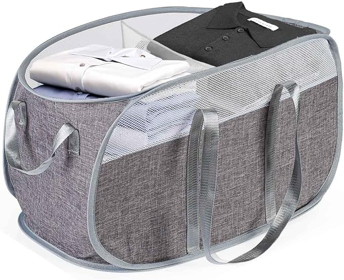 Collapsible Laundry Baskets, 2 Compartment Pop Up Mesh Hamper Foldable 75L Large Capacity Dirty Cloths Basket, Lightweight Foldable Laundry Basket for LaundryRoom, Bathroom or Travel (Grey)