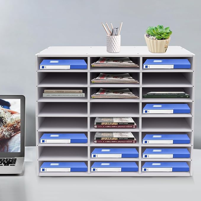 24 Compartment File Sorting Cabinet, Literature Organizer, Desktop File Rack, Desktop File Shelf, Office Mailbox for organizing homework, books, magazines in the classroom, office (White)
