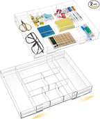 2 Pcs Acrylic Desk Drawer Organizer Maximum 12 x 18 x 2.1 Inch Expandable Drawer Organizer Trays with 8 Adjustable Compartments Desk Accessories for Makeup Silverware Office Bathroom