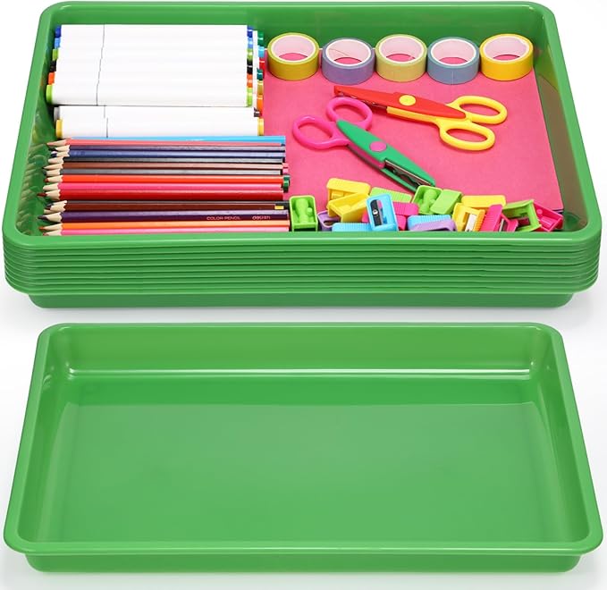 Hoteam 10 Pcs Flat Storage Organizer Tray Bin Letter Size Paper Tray for Classroom Plastic Stackable File Organizer for School Office Teacher Book Organization(Green,16.14 x 11.81 x 1.38 Inch)