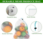 Set of 12 Reusable Mesh Produce Bags - Medium (12"x14") - Green - Polyester - Washable - Drawstring Closure
