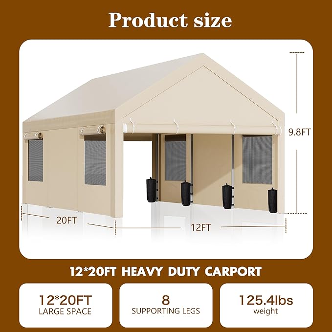 Nuturelly 12x20 FT Carport, Heavy Duty Carport Canopy with Roll-up Windows, Portable Garage with Removable Sidewalls & Doors, Car Canopy with All-Season PE Tarp for Car, Truck, Boat(Khaki)