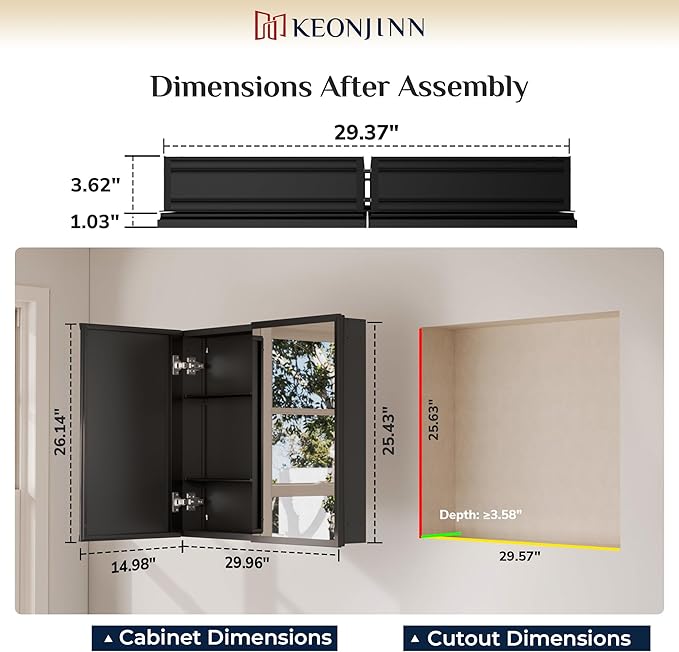 Keonjinn Medicine Cabinet Mirror 30" x 26", Assembly Needed, Black Bathroom Mirror with Storage, Beveled Aluminum Frame, Stepless Adjustable Shelves, Surface Mount or in Wall
