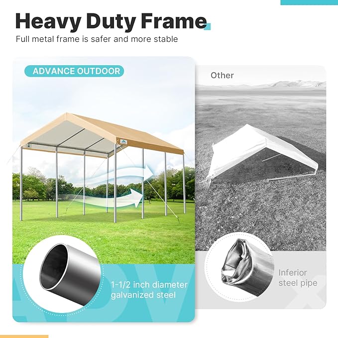 ADVANCE OUTDOOR 10x20 ft Heavy Duty Carport, Adjustable Height Garage Car Canopy Party Tent Boat Shelter, Beige