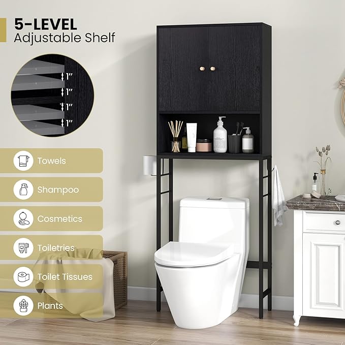 Giantex Over The Toilet Storage Cabinet, Bathroom Space Saver W/Toilet Paper Holder & Hook, Adjustable Shelf & Bottom Bar, Open Storage Cube, Over Toilet Bathroom Organizer for Laundry, Restroom