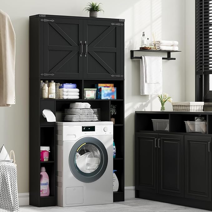 Vabches Over The Toilet Storage Cabinet, Farmhouse Storage Cabinet Over Toilet with 2 Barn Doors ，Toilet Paper Holder Stand，Home Space-Saving Toilet Rack, for Laundry, Restroom, Bathroom.Black.