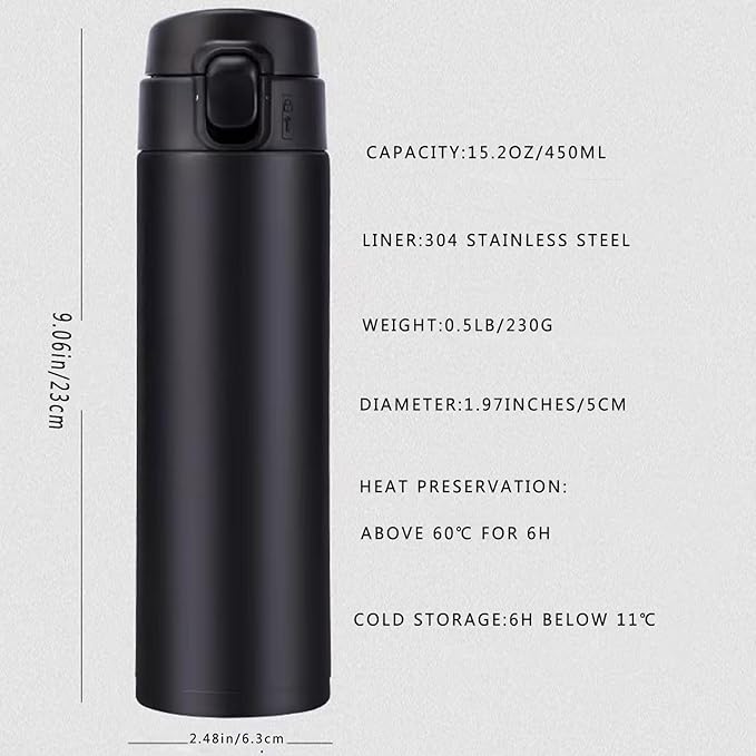 Vacuum Insulated Bottle Thermal Water Bottle Travel Coffee Mug with Safety Buckle Lid Stainless Steel Leak Proof Tumbler Water Flask 15.2 Oz/450ml(Black)