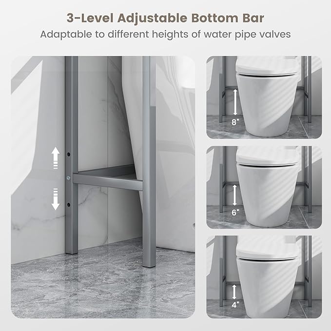 Tangkula Over The Toilet Storage Rack, 3-Tier Above Toilet Bathroom Shelf with Adjustable Bottom Bar & Anti-Toppling Devices, Metal Frame, Freestanding Bathroom Space Saver for Laundry (Silver, 66"H)