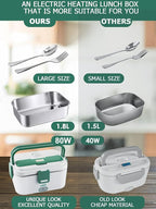 Buddew Electric Lunch Box for Adults, 80W Heated Lunch Box 1.8L Stainless Steel Portable Food Warmer,12/24/110V Lonchera Electrica Portatil for Travel & Work, Loncheras para Hombres de Trabajo(Green)