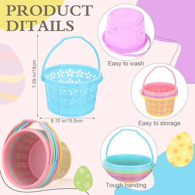 Havawish Easter Baskets Bulk with Handle Small Colorful Plastic Eggs Baskets Easter Bucket for Egg Hunt Spring Party Favors(100 Pcs,Round)