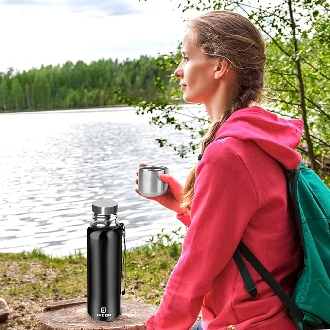 Insulated vacuum Thermo Bottle 1000ml/33.8oz with cup Stainless steel coffee bottles for hot and cold drink water flask.(Black,1000ml)