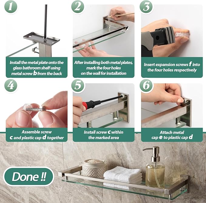 3 Pack 20 Inch Glass Bathroom Shelves for Wall, Wall Mount Glass Shelves with Stainless Steel Rail, Modern Floating Bathroom Shelf Organizer, Rectangular Room Decor for Sink, Over Toilet