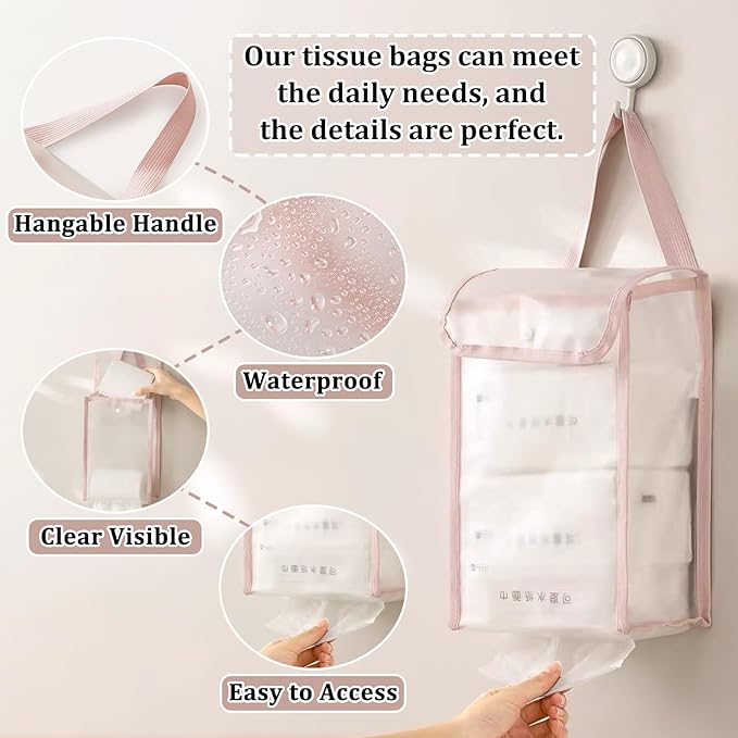 MIUPOO Toilet Paper Storage Bag,Reusable Roll Tissue Organizer,Large Capacity Toilet Paper Organizer,Free Standing Bathroom Set,Pink and Beige,2 Pieces. (2, Pink and Beige)