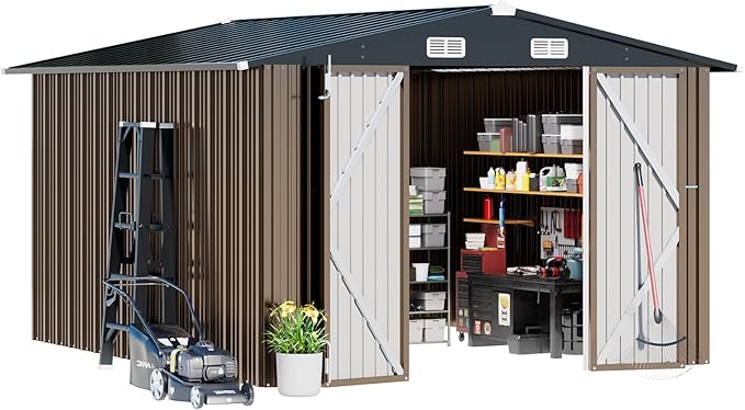 COMHOMA Shed Outdoor Storage Shed Metal,Lockable Doors Tool Sheds with Sloping Roof,Steel Garden Shed with Air Vent for Backyard,Patio,Lawn,Poolside (Brown, 10'x12')