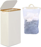 efluky Slim Laundry Basket with Lid, Narrow Laundry Hamper with Removable Bag, Skinny Dirty Clothes Basket with Bamboo Handles for Bathroom, Bedroom & Laundry Room, 90L Beige