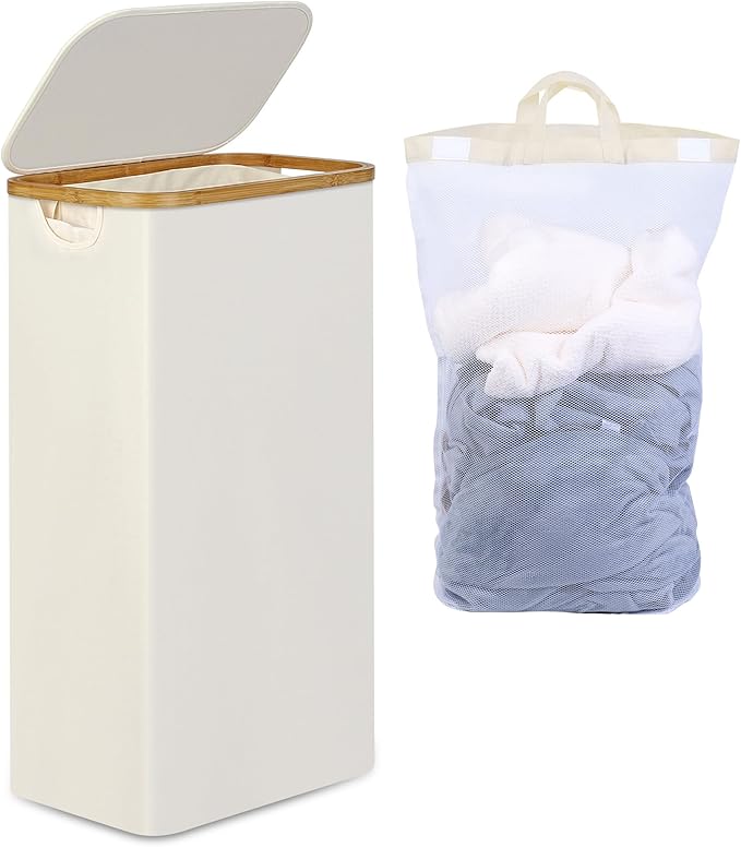 efluky Slim Laundry Basket with Lid, Narrow Laundry Hamper with Removable Bag, Skinny Dirty Clothes Basket with Bamboo Handles for Bathroom, Bedroom & Laundry Room, 90L Beige