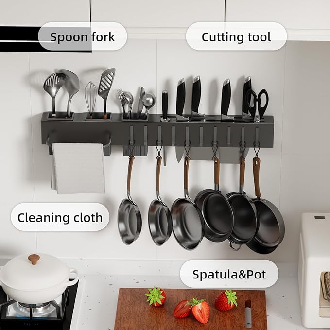 Stainless Steel Pot and Pan Hanger,Wall Mounted Pot Rack Kitchen Hanging Rail With S Hooks,Detachable Pans Hanging Rail Kitchen Utensils Hanger,23.7 Inch Wall Mounted Hanging Pot Rack