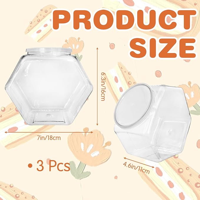3 Pcs Plastic Candy Jars,Clear Cookie Jars 71 Oz for Kitchen Counter,Hexagon Cookie Jars with Lids,Plastic Dry Food Jar for Candy Buffet