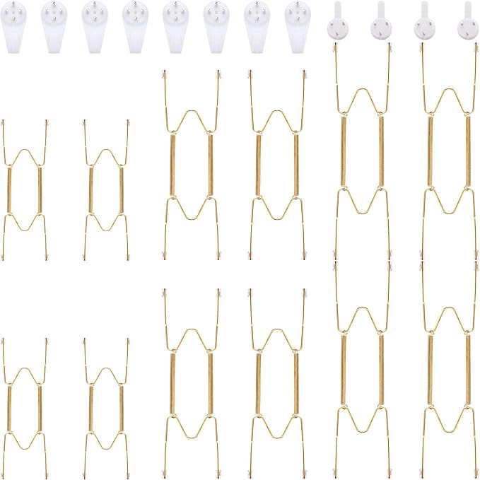 Hotop 12 Pieces Plate Hangers for Wall Stainless Steel Wire Invisible Heavy Duty Plate Hangers Display Holders with 12 Pieces Hooks for Wall Decorative(6/8/10 Inch,Gold)