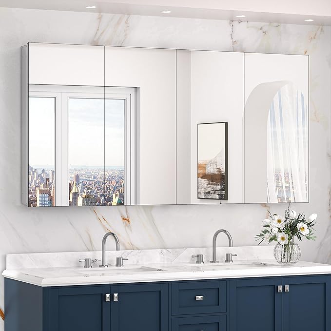 Keonjinn 64 x 32 Inch Medicine Cabinet, Assembly Required, Silver Bathroom Medicine Cabinets Mirror, Lightweight, Adjustable Shelves, Surface Mount or Recessed, Tempered Glass
